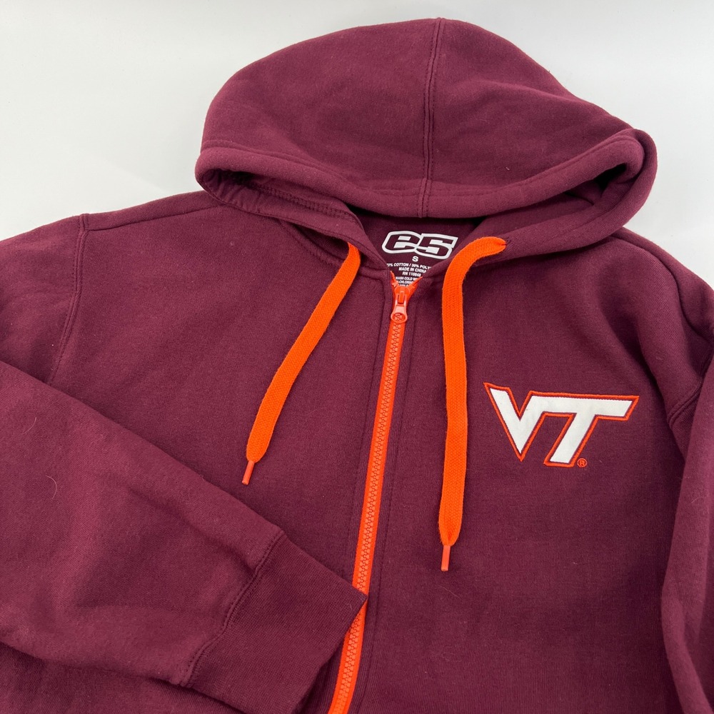 E5 Virginia Tech Hokies Mens Small‎ Maroon Full Zip Hoodie Orange Trim VT Logo